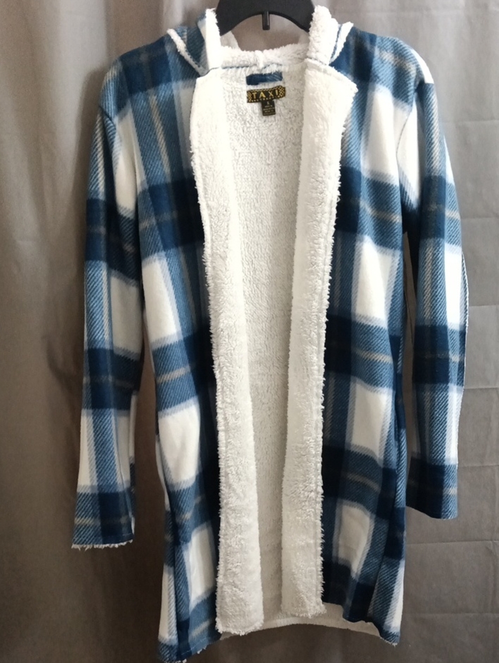 Taxi Plaid Fleece-Lined Hooded Coatigan - Blue & White